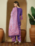 Janasya Women's Purple Cotton Blend Floral Printed Straight Kurta Set